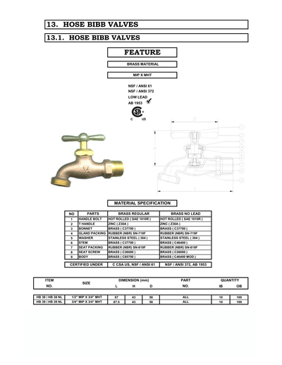 3/4" MNPT Multi Turn Brass Hose Bibb - Lead Free specifications sheet