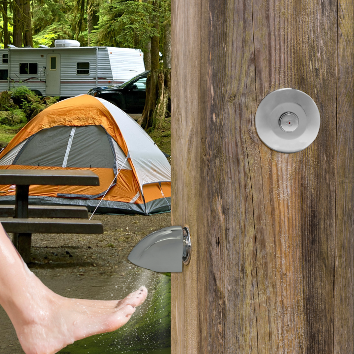 push button shower valve - time & temp fixed foot washing station at an RV park/ campground main