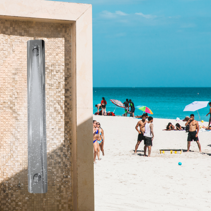 Outdoor Push Button Shower Panel at a public beach main