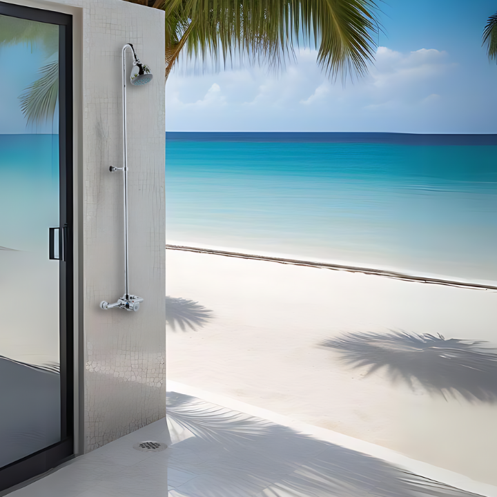 outdoor shower tower kit - push button, adjustable time & temp at a resort / hotel beach main