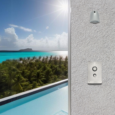outdoor pool shower valve panel wall unit - push button, adjustable time & temp at a resort / hotel Main