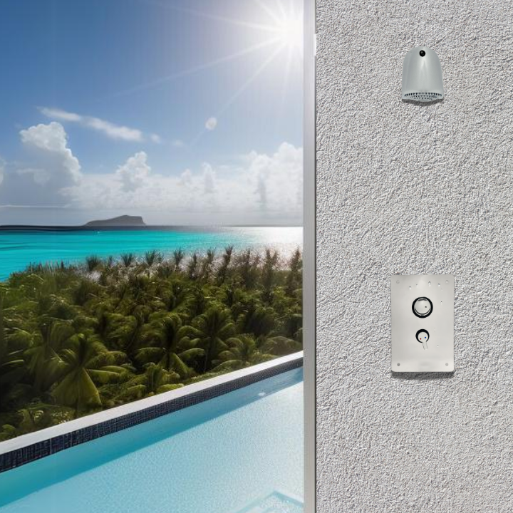 outdoor pool shower valve panel wall unit - push button, adjustable time & temp at a resort / hotel Main