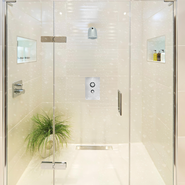 shower valve panel wall unit - push button, adjustable time & temp at a resort/ hotel main