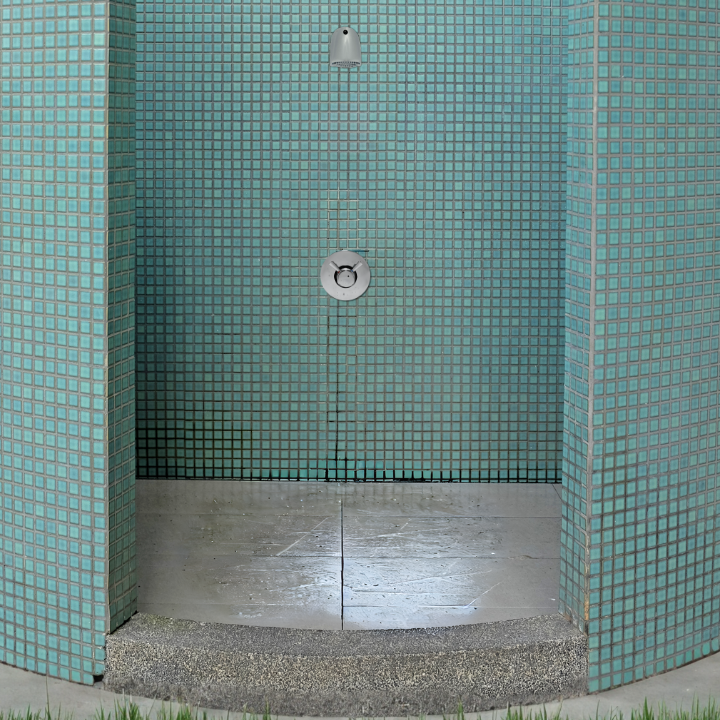 time and temperature adjustable shower valve and anti-ligature head at an outdoor pool main