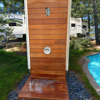 Outdoor Push button shower valve at an RV park/ campground pool main