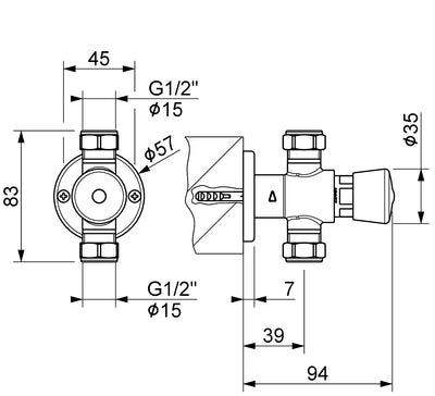 exposed push button shower valve DIMENSIONS